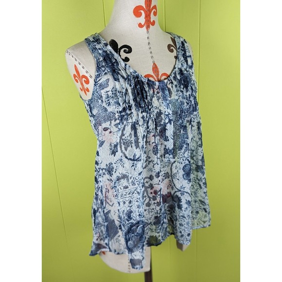 Converse One Star Women's XS Loose Fit Blue Floral Sheer Sleeveless Pleated Top - Picture 2 of 11